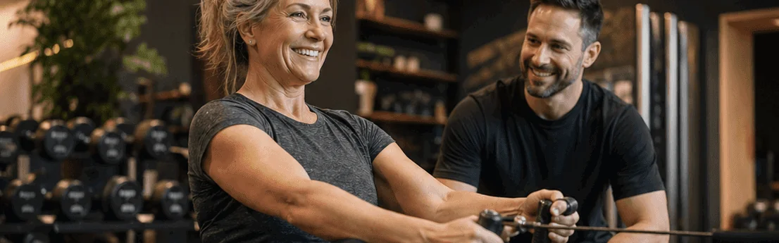 Coach guiding a member through a rowing session at 5th Element Wellness