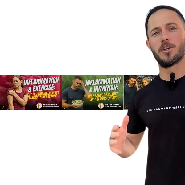 Sam Roberts speaking with a preview of the 3-Part Inflammation Series videos in the background at 5th Element Wellness, Fitzroy North