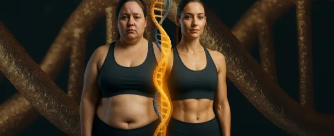 Two women in activewear standing side by side with a DNA strand between them, representing the impact of genetics and DNA methylation on health and fitness outcomes