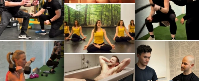 Collage of holistic gym activities at 5th Element Wellness in Fitzroy North, including personal training, infrared sauna, yoga, cold therapy, weight training, and wellness consultations