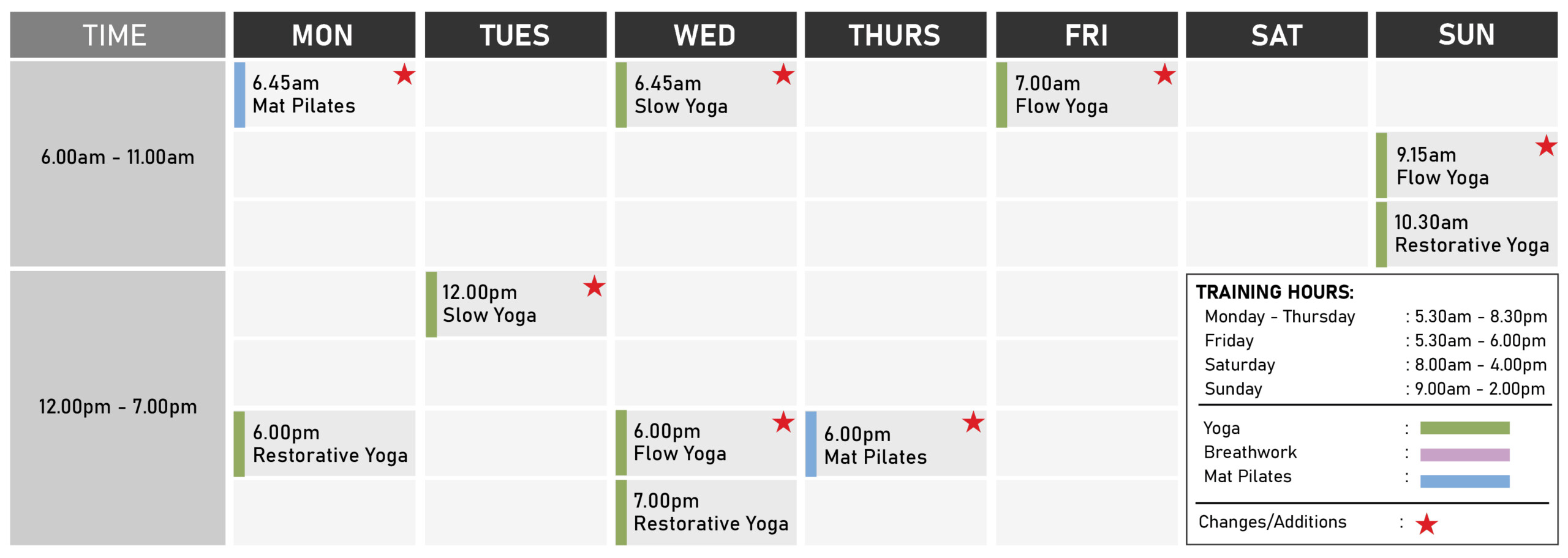 Yoga studio weekly schedule with mat pilates, flow yoga, slow yoga, and restorative yoga classes - morning and evening time slots Monday through Sunday